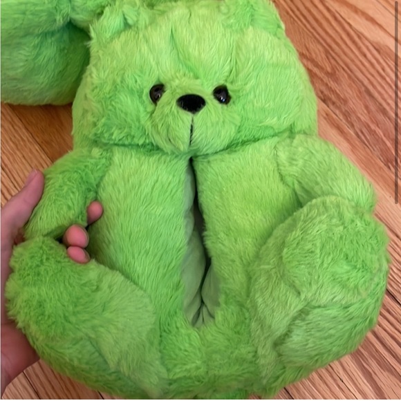 Fuzzy Stuffed Teddy Bear Slippers, Set of Two Pairs: Green & Yellow, sz M - Picture 8 of 11
